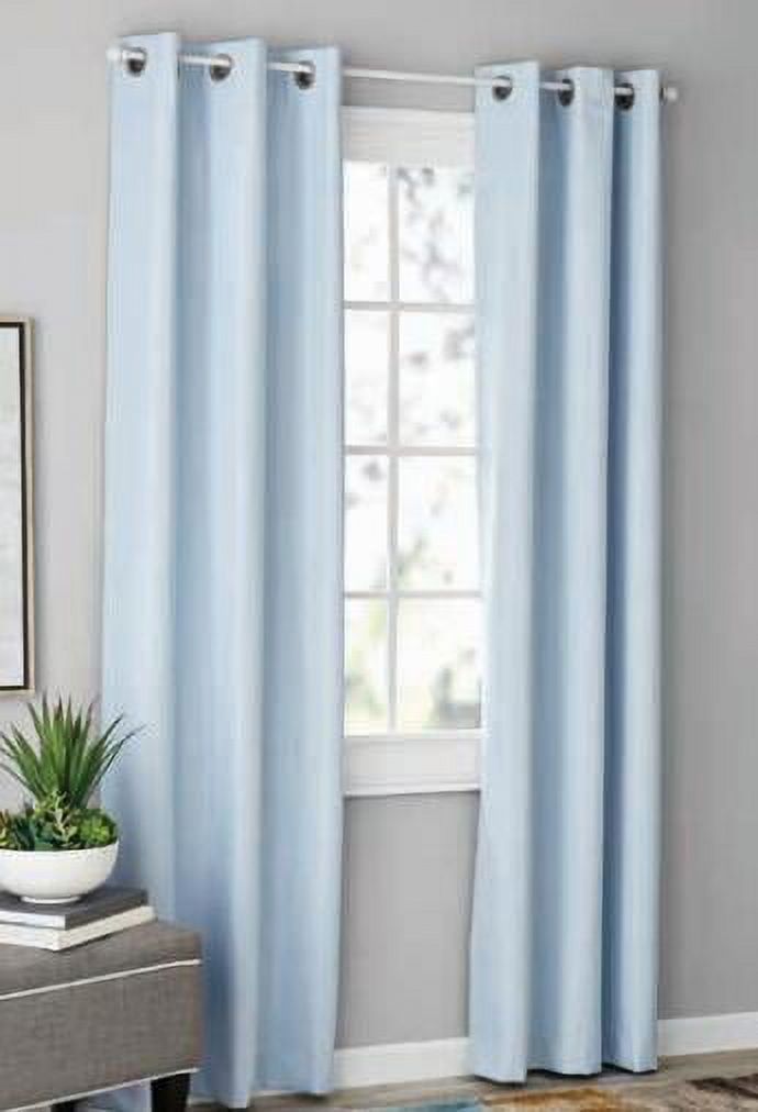 Mainstays Olan Textured Solid Blackout Grommet Curtain Panel Pair Window Treatment, Set of 2 Room Darkening Drapes for Bedroom, Light Blue, 37" W x 84" L