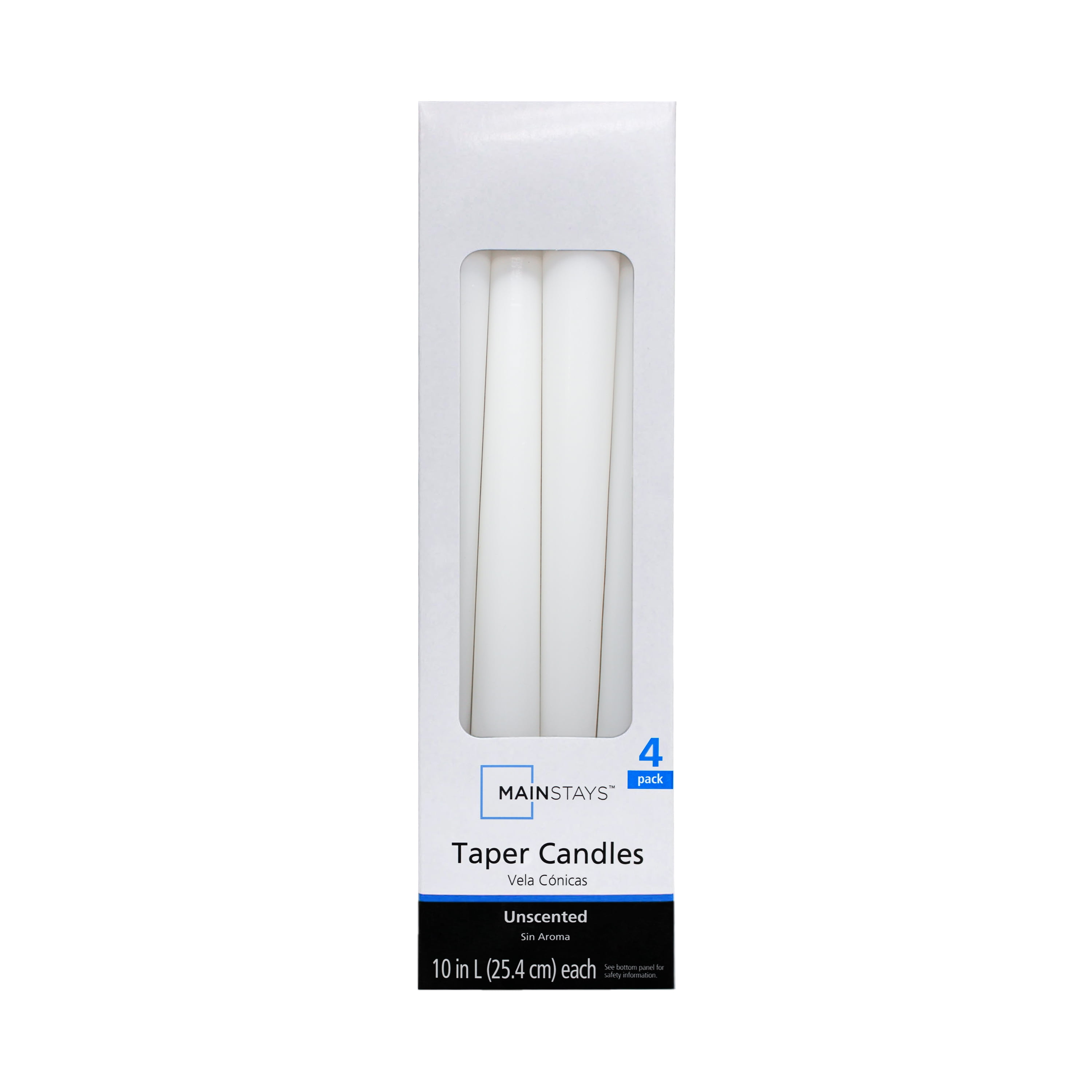 Mainstays Unscented Taper Candle, White, 4-Pack, 10 inches Long