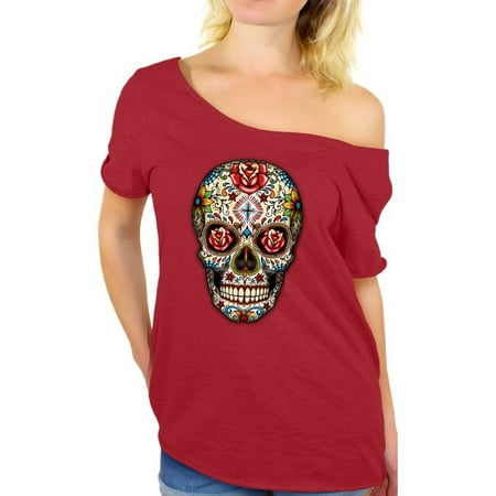 Awkward Styles Sugar Skull Roses off the shoulder top t shirt skull shirts womens day of the dead t shirt costume dia de Los Muertos costume t shirt sugar skull candy skull costume t shirt skull