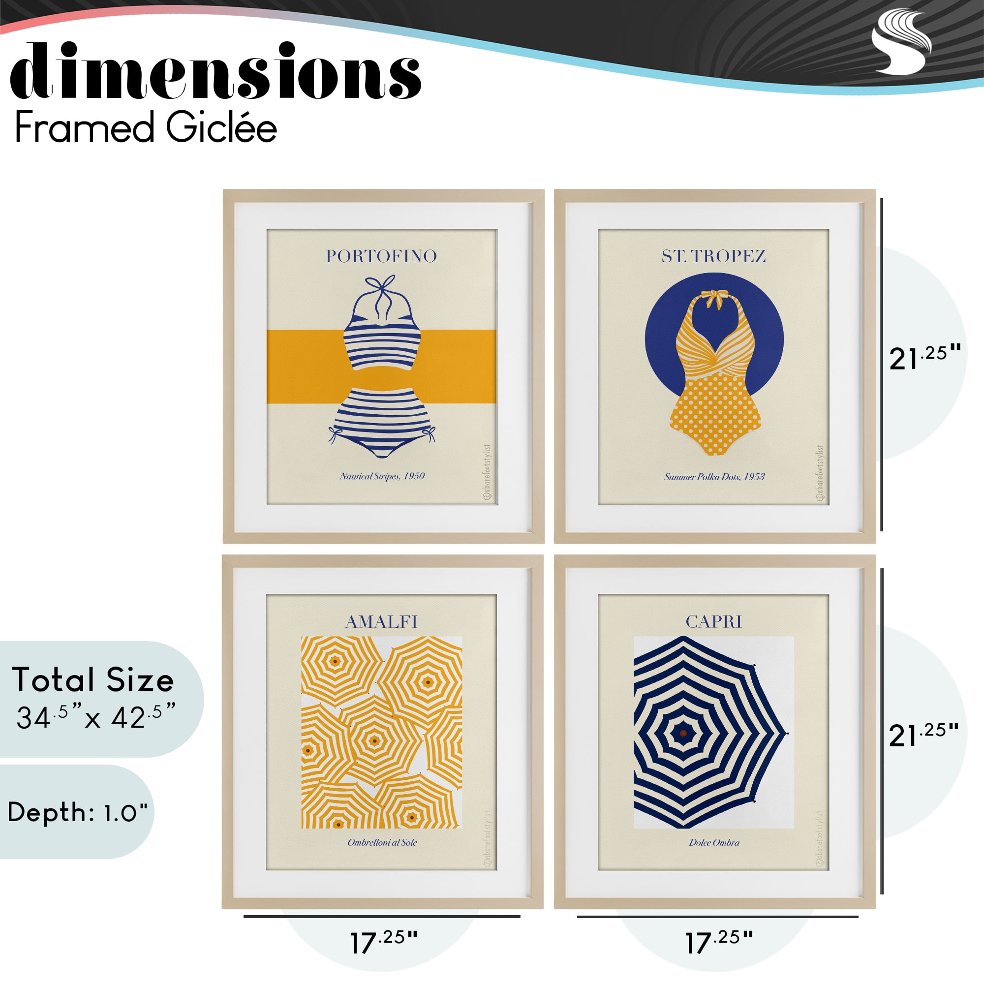 Stupell Industries Retro Beach Vacation Elements 4 Piece Birch Framed Print Under Glass Set, design by A Barefoot Stylist