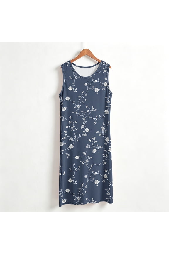 Women's U Neck Sleeveless All Over Vine Floral Print Midi Tank Dress Loose Loungewear Nightgown Sleep Nightdress Blue (S-XXXXXL)