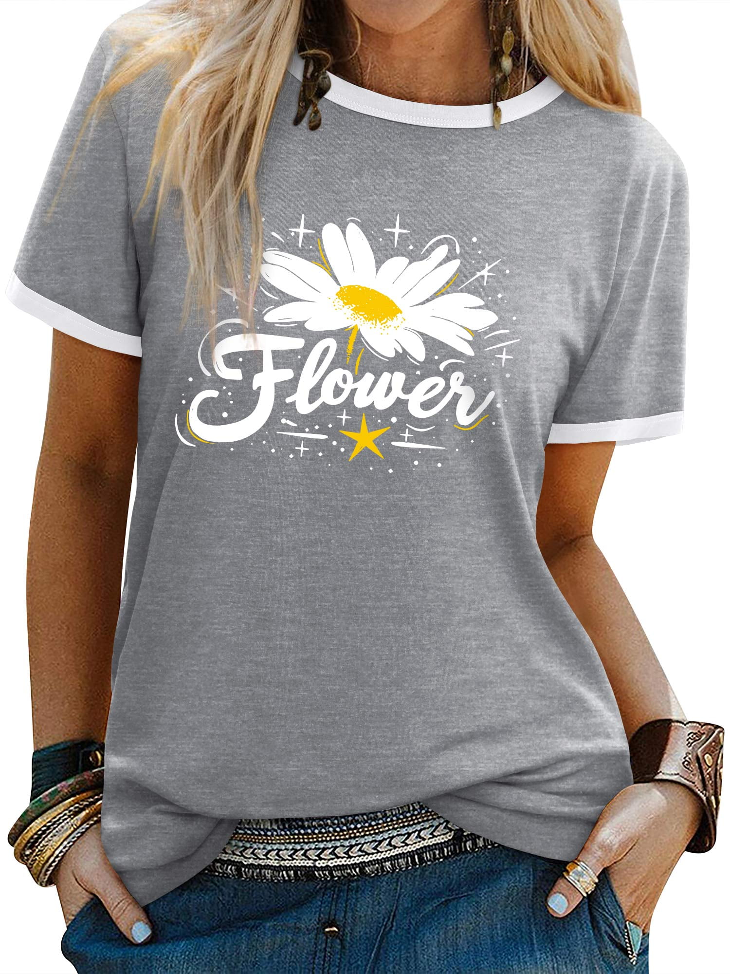 ZXSXSY Graphic Tees for Women Daisy Flower Print Crew Neck Short