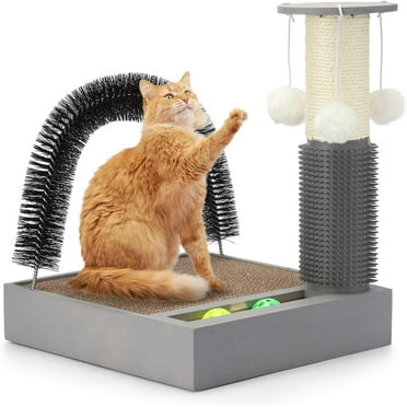 Pet Fur Grooming Cat Scratching Pads,Cats Self Groomer Massager Scratcher Toy Brush,Cat Scratching Pads with Wooden Tray