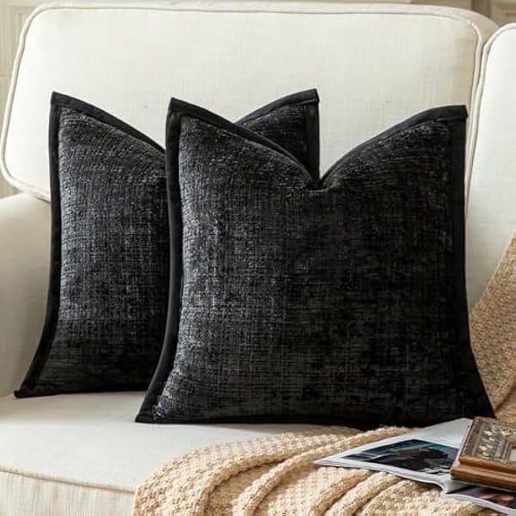 Eryueer Pack of 2 Chenille Textured Decorative Cushion Covers Accent Solid Throw Pillow Covers Soft Cozy Pillow Case with Velvet Back for Couch Sofa Bed Living Room 24x24 Inch 60x60cm Black