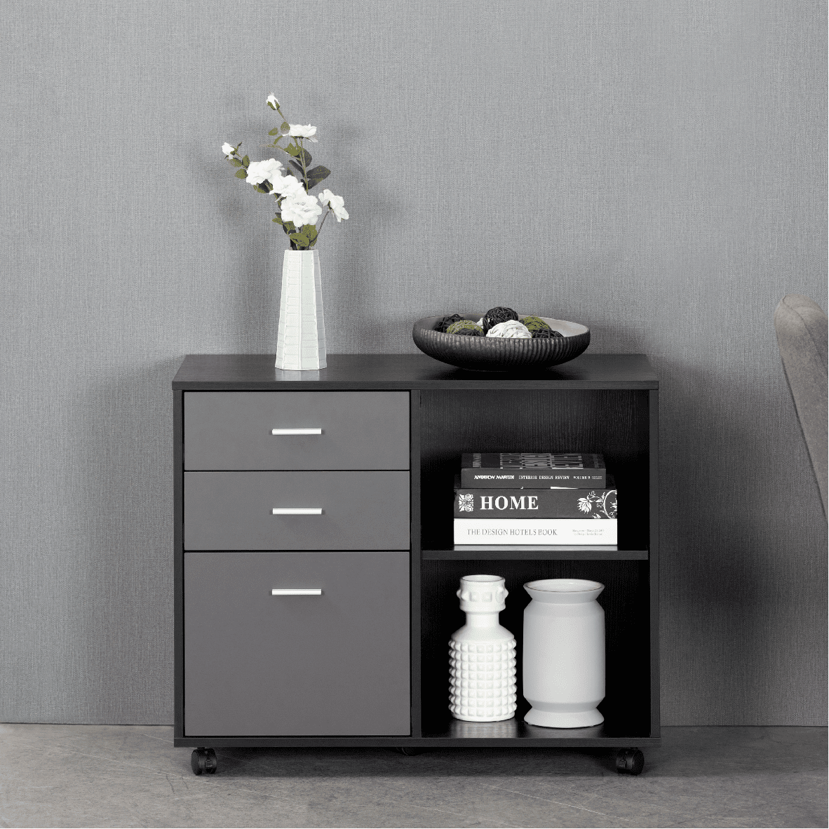 Private Jungle 3 Drawer Mobile Lateral File Cabinet On Wheels, Printer Stand with Open Storage Shelves for Home Office(Black) Private Jungle 3 Drawer Mobile Lateral File Cabinet On Wheels, Printer Stand with Open Storage Shelves for Home Office(Black)