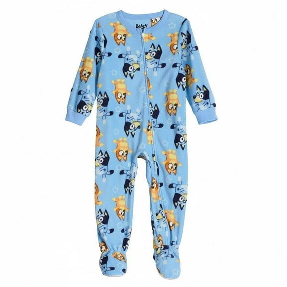 Bluey and Bingo Sisters Toddler Boy's Blue Fleece Footed Pajama Sleeper, Size 3T