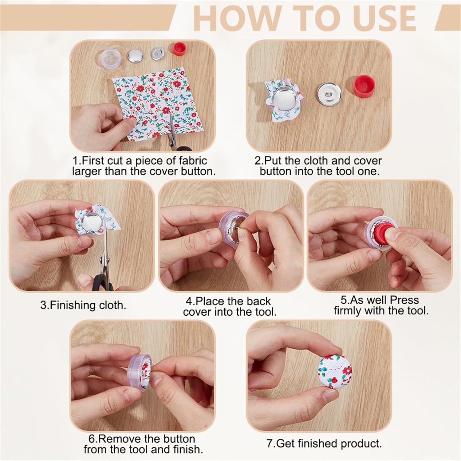 5 sets 5 styles Aluminum Blank Buttons with Plastic Tools for Craft Button Maker Flat Round with Back Cover with 50pcs Cotton Fabric Mixed color 14.5~37.5x4.5~6.5mm