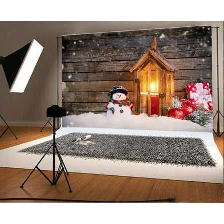 Image of MOHome 7x5ft Christmas Backdrop Snowman Lantern Candles Red Balls Gifts Pine Twigs Winter Snow Vintage Stripes Wood Plank Happy New Year Photography Background Kids Adults Photo Studio Props