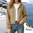 thumbnail image 2 of Women Linen Hooded Crop Jacket, Button Front Long Sleeve Drawstring Hem Shacket with Pockets, Lightweight Loose Fit Casual Coat Brown XL(XL), 2 of 9