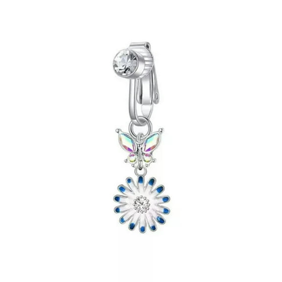 K-KED 1pc Girls Zircon False Belly Button Ring Dangle Navel Piercing Ring Navel Clip-Silver A