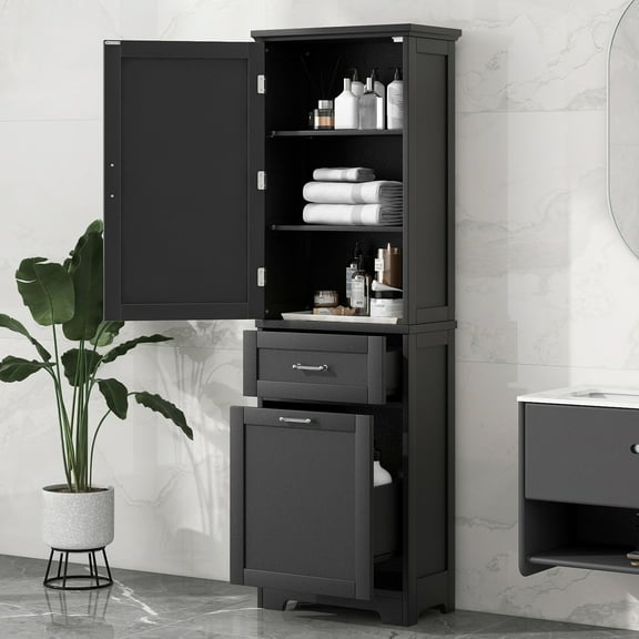 Tall Black Freestanding Bathroom Storage Cabinet - MDF with Painted Finish, 2 Drawers, Adjustable Shelf, Anti-Topple - 20"W x 13.5"D x 68.4"H - Ideal for Bathroom, Laundry Room, Living Room