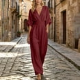 thumbnail image 4 of Women's Solid Color Cotton Linen Jumpsuits Tighten Waist Zipper V Neck Wide Leg One Piece Jumpsuit Loose Flowy Three Quarter Sleeve Rompers with Pockets, 4 of 7