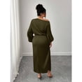thumbnail image 2 of Army Green Satin Asymmetric Off-Shoulder Ruched Waist A-Line Midi Dress, 2 of 5