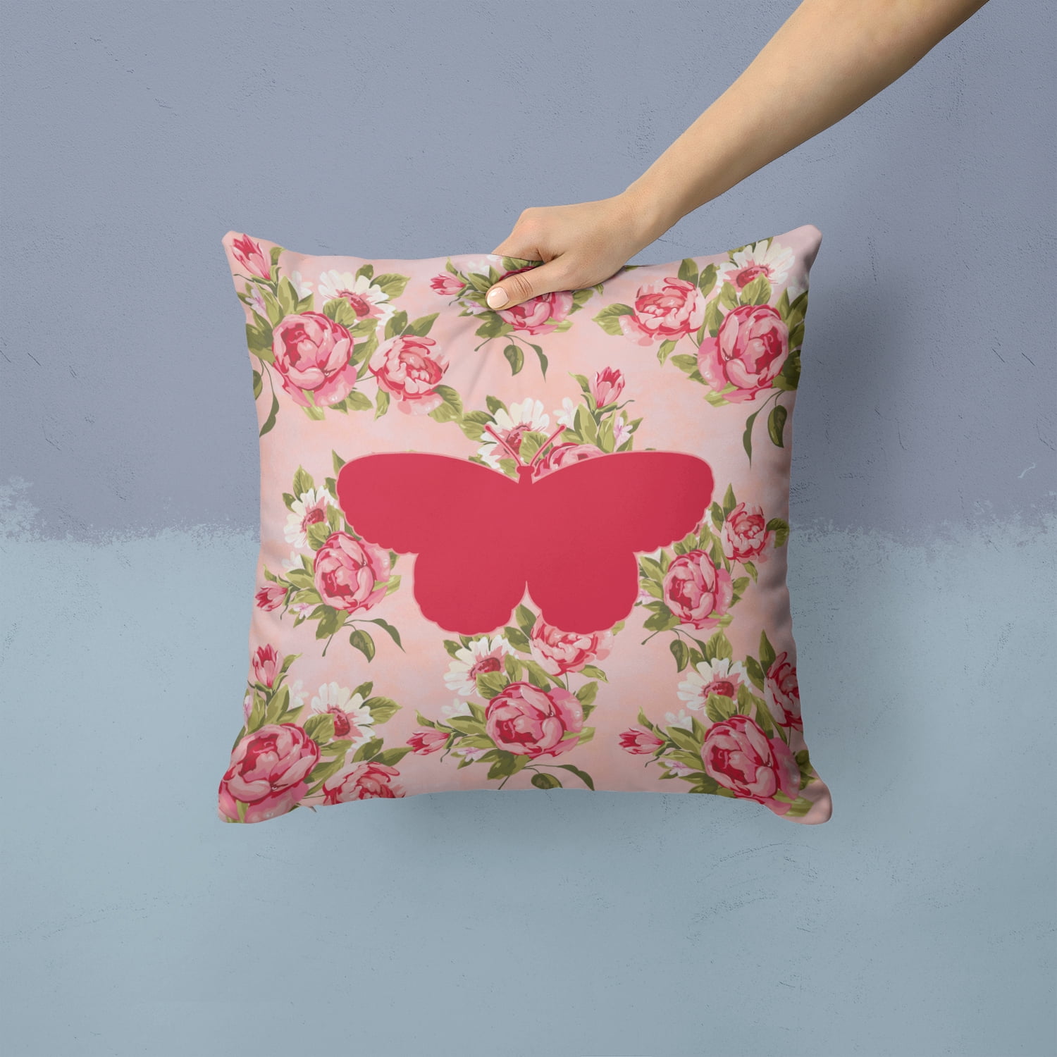 Butterfly Shabby Chic Pink Roses Fabric Decorative Pillow