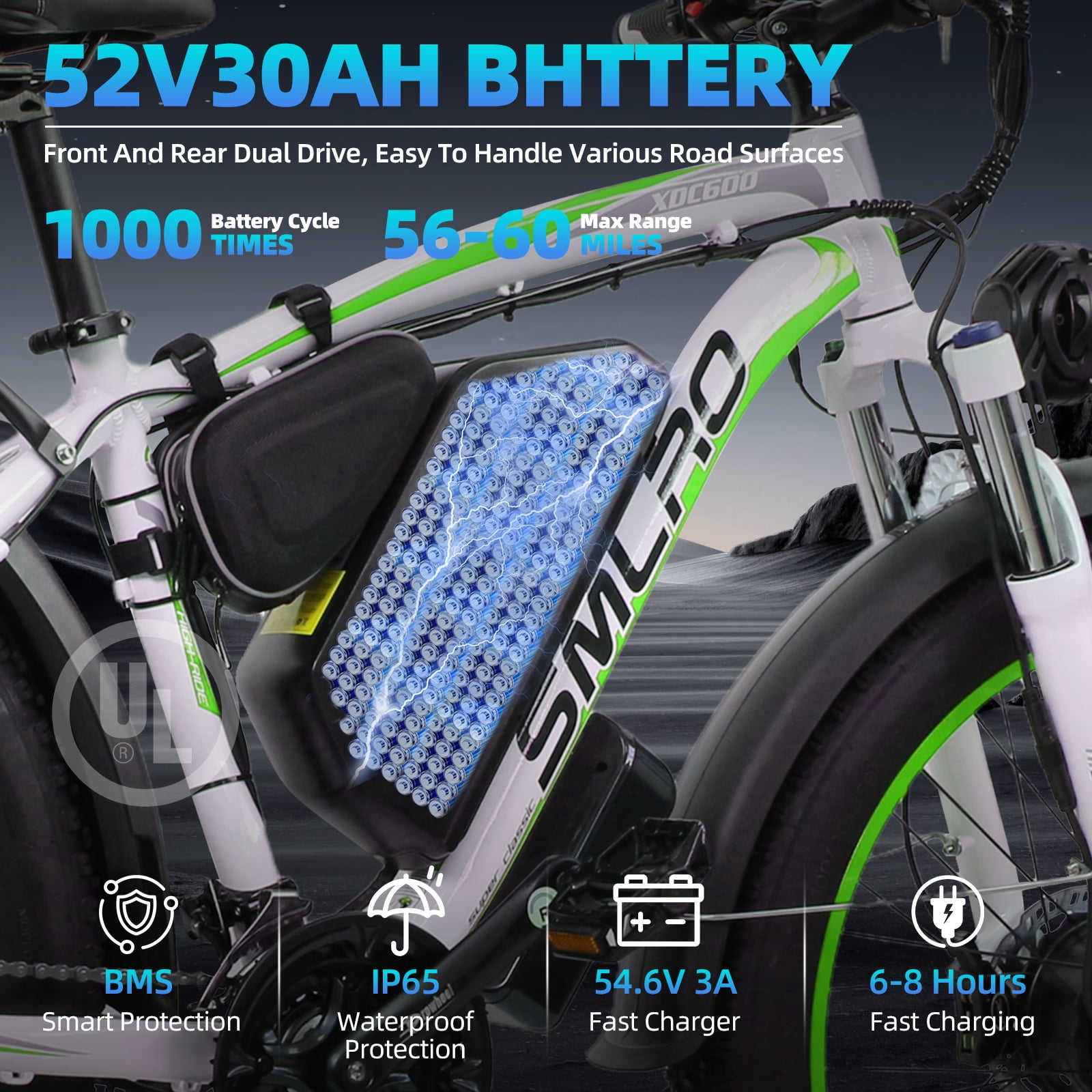 Electric Bike for Adults, 26x4.0 Fat Tire E-Mountain Bicycle, Peak 5000W Motor 52V-30Ah, Mountain Bike Beach Snow Ebike for Men, Green&White