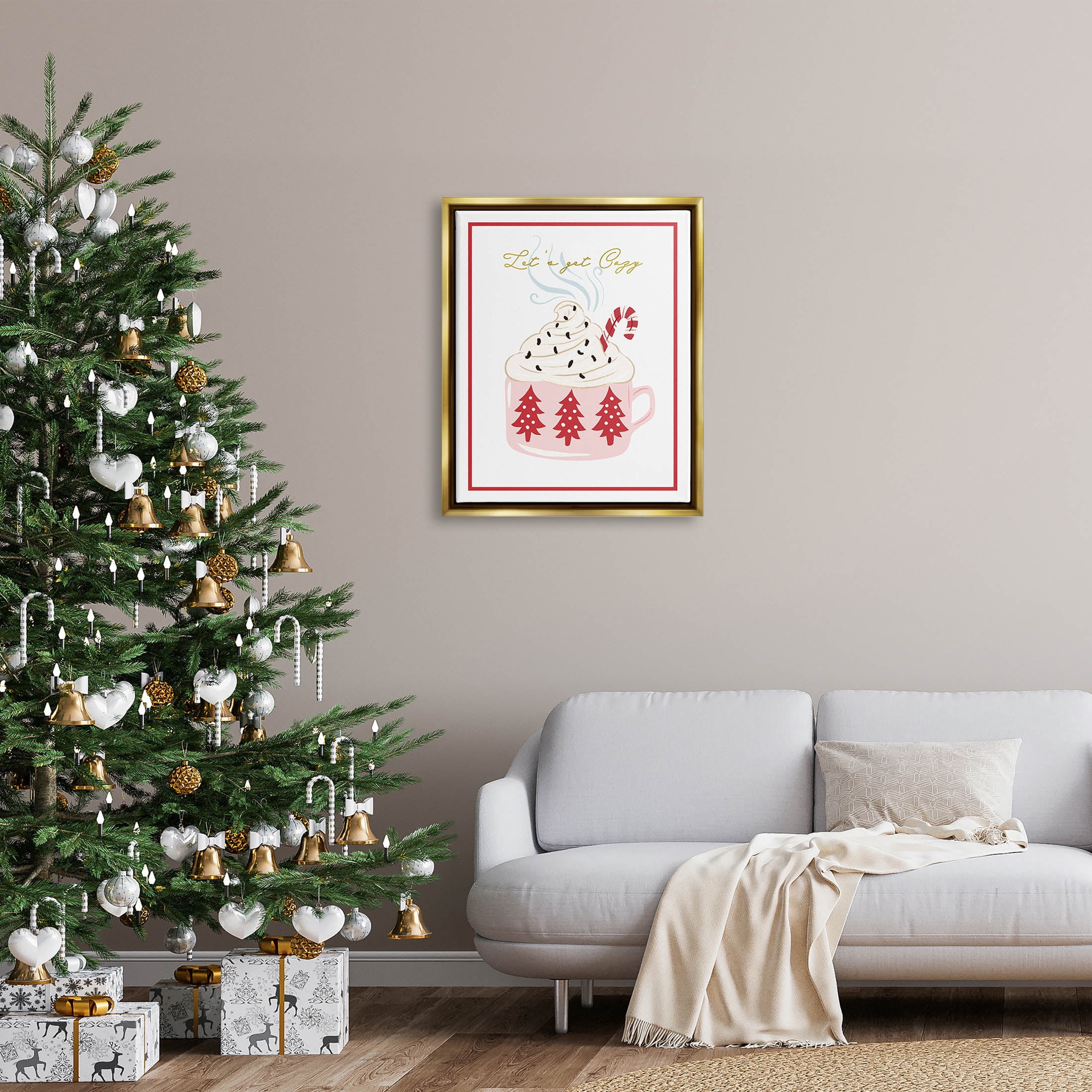 Stupell Industries Let's Get Cozy Pink Cocoa Graphic Art Metallic Gold Floating Framed Canvas Print Wall Art, Design by The Saturday Evening Post