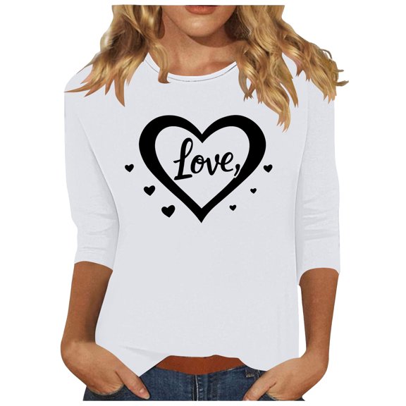 Valentine Women Spring Blouse Love Pullover Tops Cute Hearts T-Shirt 3/4 Short Shirt Sleeve Round Neck T-Shirts Easy Breathable Blouses Loose Fit Cozy Tee Valentines Events Outfits