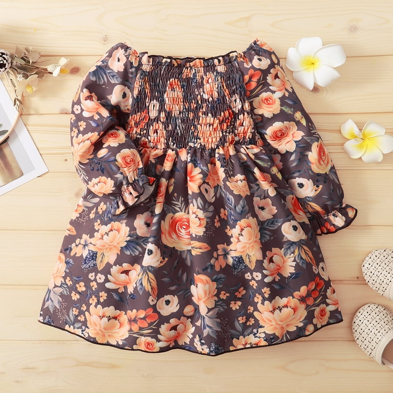 4T Baby Girls Dress 5T Girls Long Sleeve Dress Flower Print Square