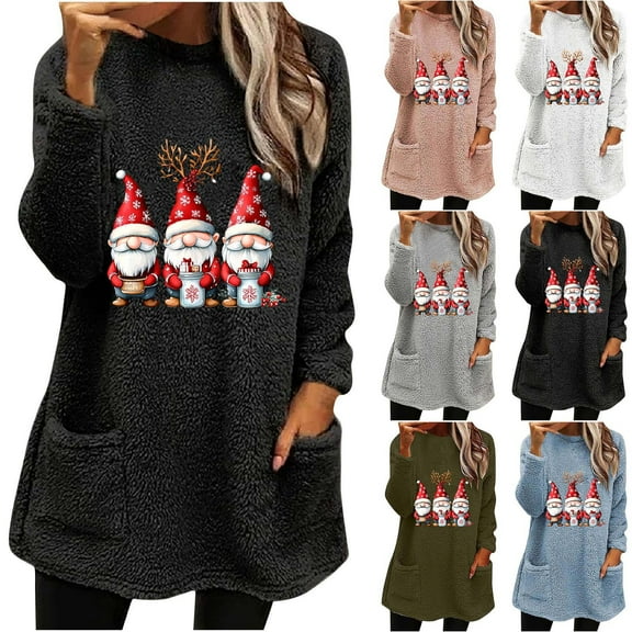 Feancey Christmas Loungewear for Women Fuzzy Fleece Pajama Tops Cute Gnomes Printed Graphic Sweatshirts Oversized Casual Pullovers with Pockets Black 3XL