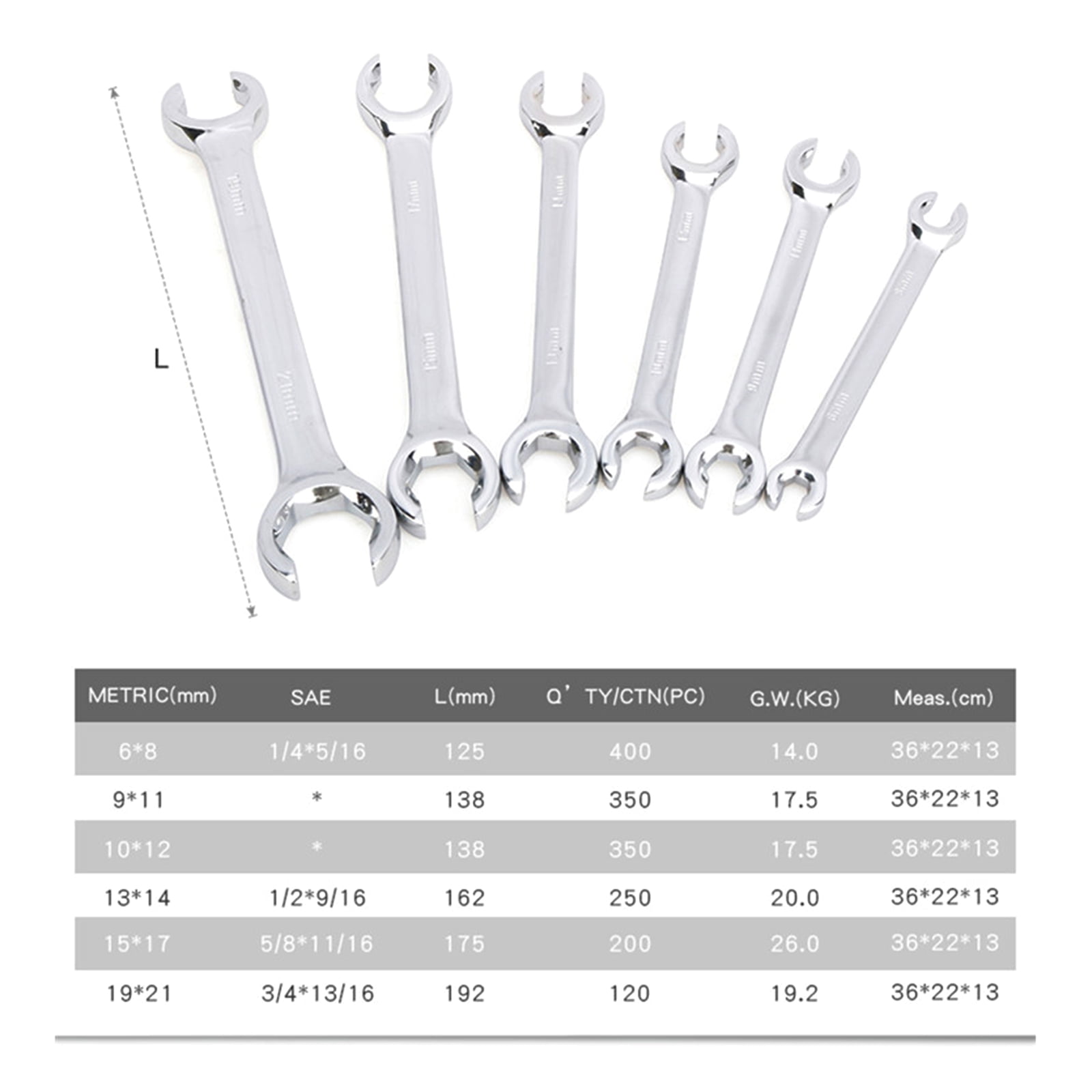 6mm x 8mm 9mm x 11mm 10mm x 12mm Professional 6 pieces 6~21mm Tubing Flare Nut Wrench Set