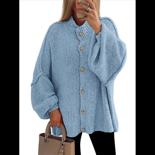 Cárdigan de Invierno con Botones para Mujer, Cuello Alto, Larga, Punto Grueso, Abrigo Azul M
