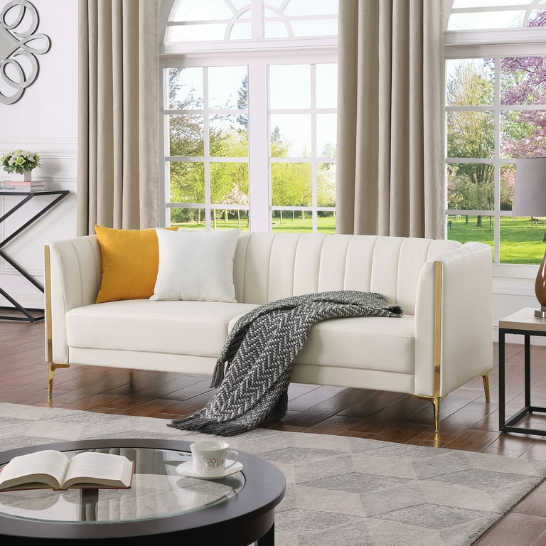 Homfa 77.6 3 Seater Sofa Modern PU Leather Couch with Golden Legs Armrests 2 Pillows for Business Office Cream White