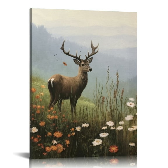 COMIO Floral Wall Art, Mountains Flower Deer Bathroom Art Decor Aesthetic, Canvas Art, Christmas Vintage Wall Decor for Bedroom Living Room, Office Still Life Paintings Gifts