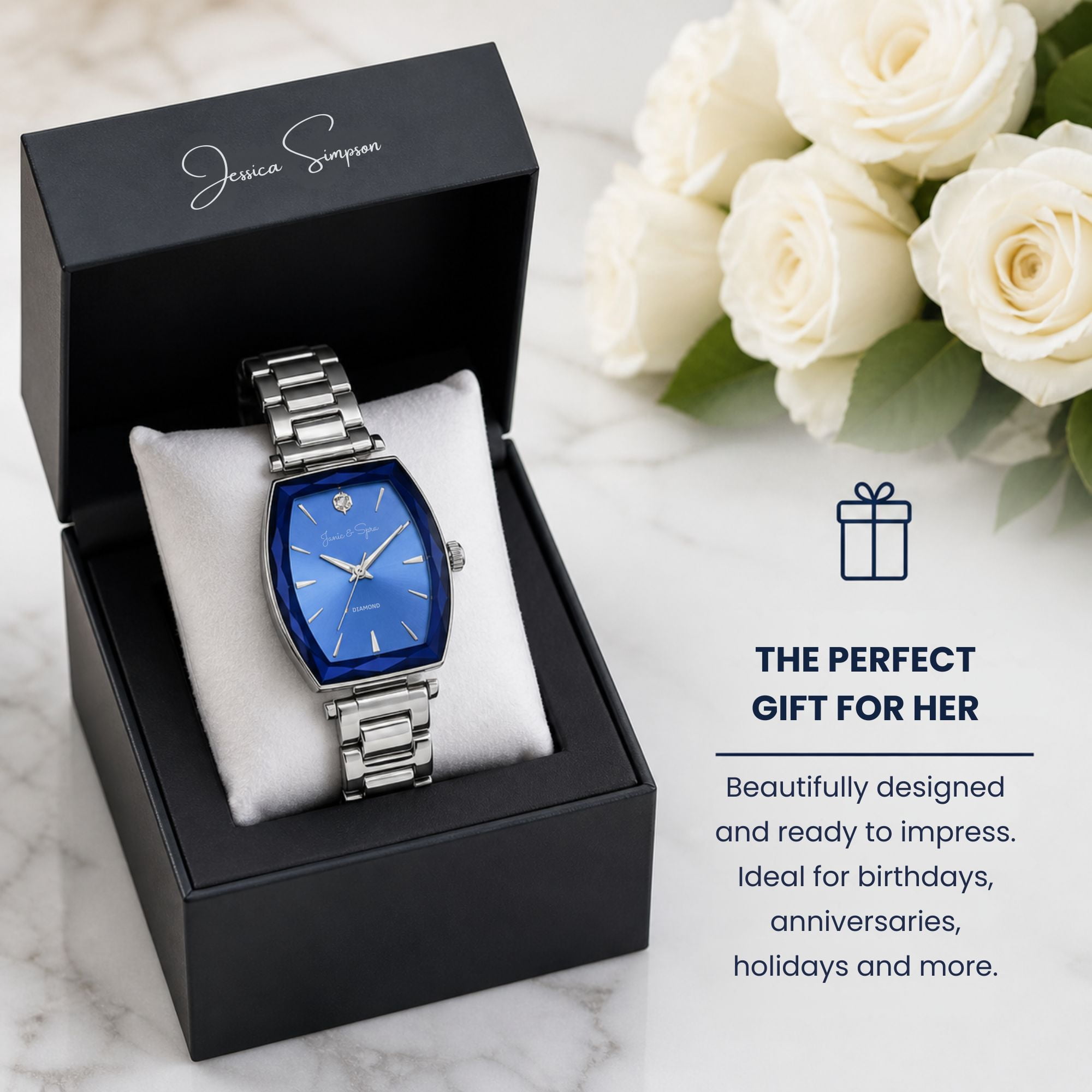 Jessica Simpson Women’s Silver Bracelet Watch, Barrel Dial with Crystal Accents, Analog Quartz Dress Watch, 24mm Case