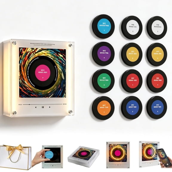 Magnetic Fridge Music Player, Mini Vinyl Record Player for Fridge with 9 Music Refrigerator Magnets, Magnetic Music Box with NFC Function, LED Light Decorative Music Player for Home Office Room Decor