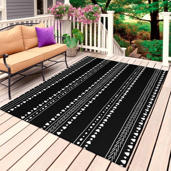 Black Boho Geometric Outdoor Rug 3x5 Ft, Non Slip Washable Area Rug, Abstract Art Dots Striped Patio Rugs Carpet Runner, Large Floor Mat for Indoor/Outdoor Deck Porch Camping