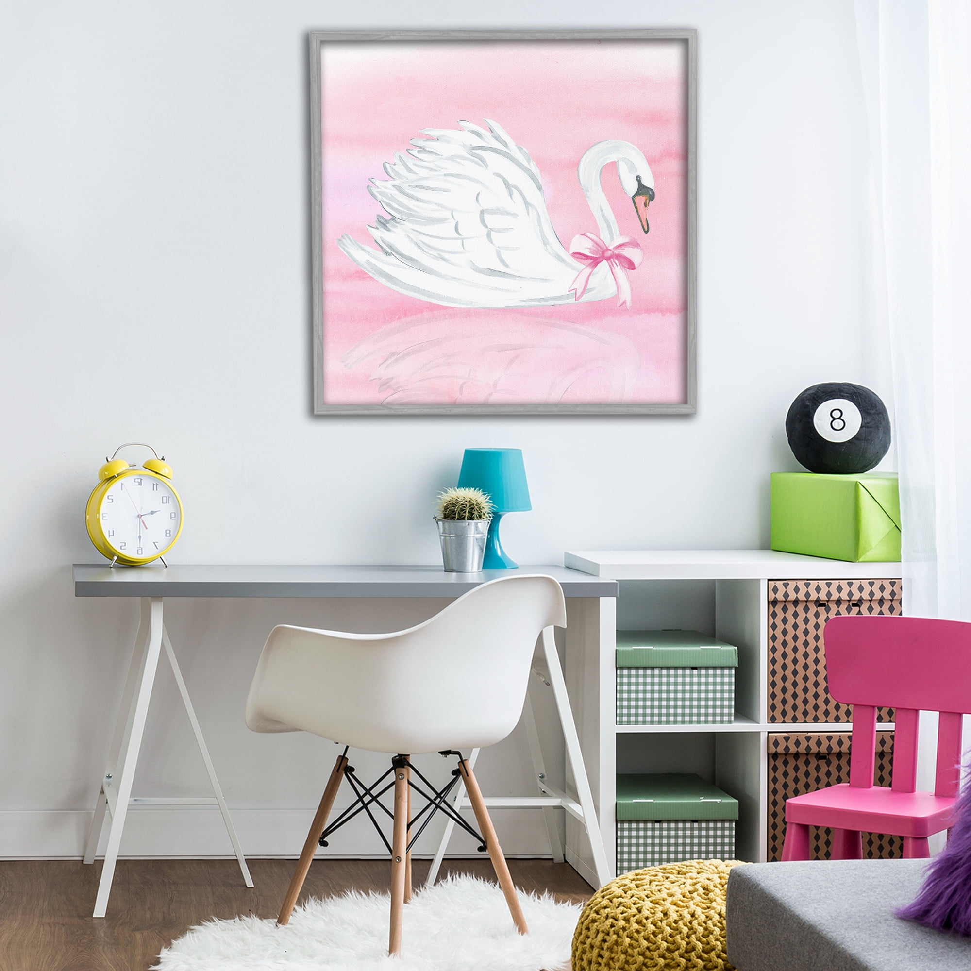 Stupell Industries Pink Bow Swan Gray Framed Giclee Art, design by Corinne Haig