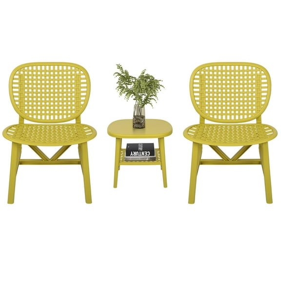 Outdoor Bistro Sets, 3 Piece All-Weather Chairs Set, Patio Conversation Chairs Sets with 2 Armchairs and Coffee Table with Open Shelf, for Yard, Deck, Poolside, Yellow