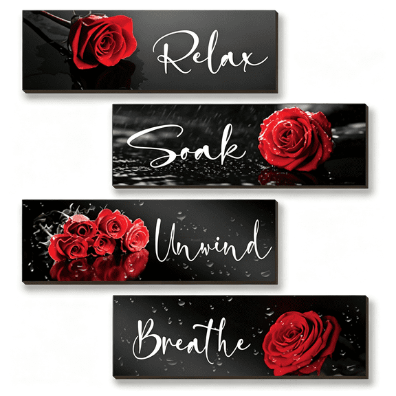 CCOCC 4 Pieces Red Rose Bathroom Wall Decors Flower Restroom Relax Soak Unwind Breathe Red Wall Art Farmhouse Bathroom Sign for Bedroom Living Room Home Decoration(12X4 Inch)