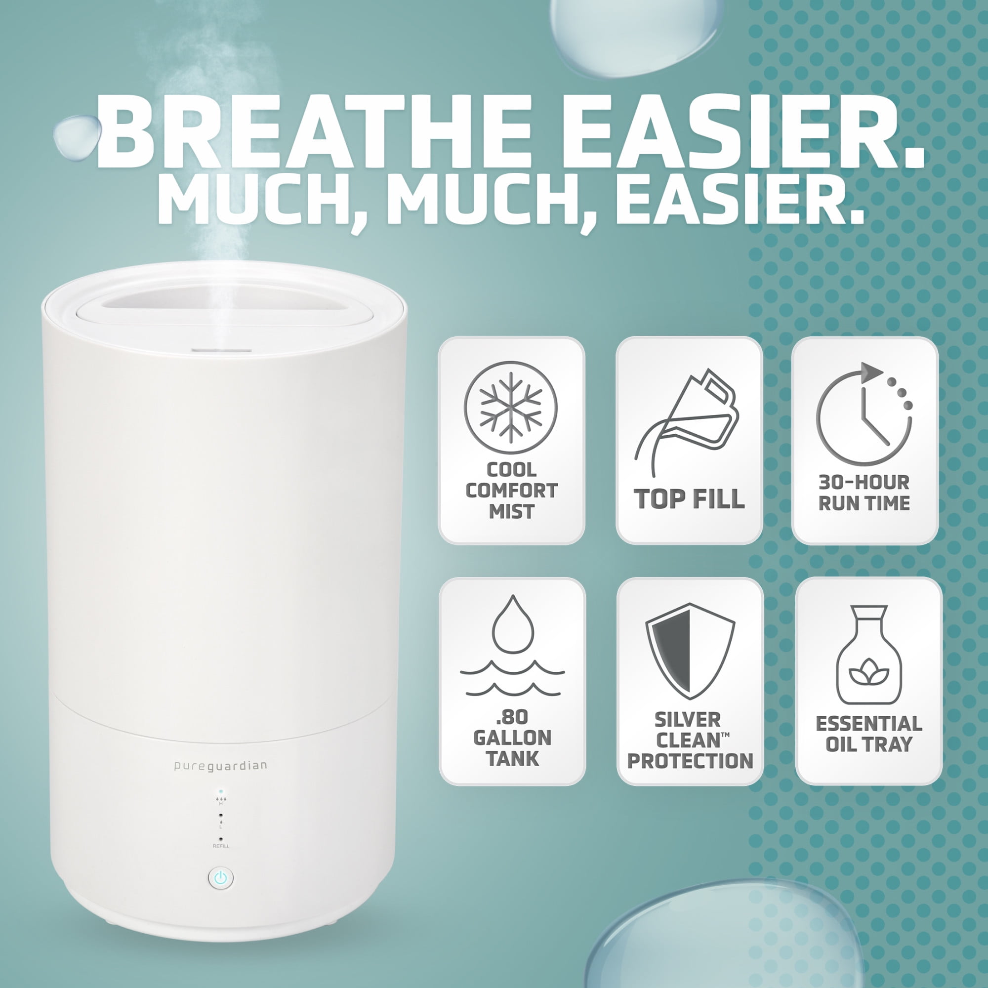 PureGuardian 0.8 Gallon Top Fill Cool Mist Ultrasonic Humidifier w/ Aromatherapy
