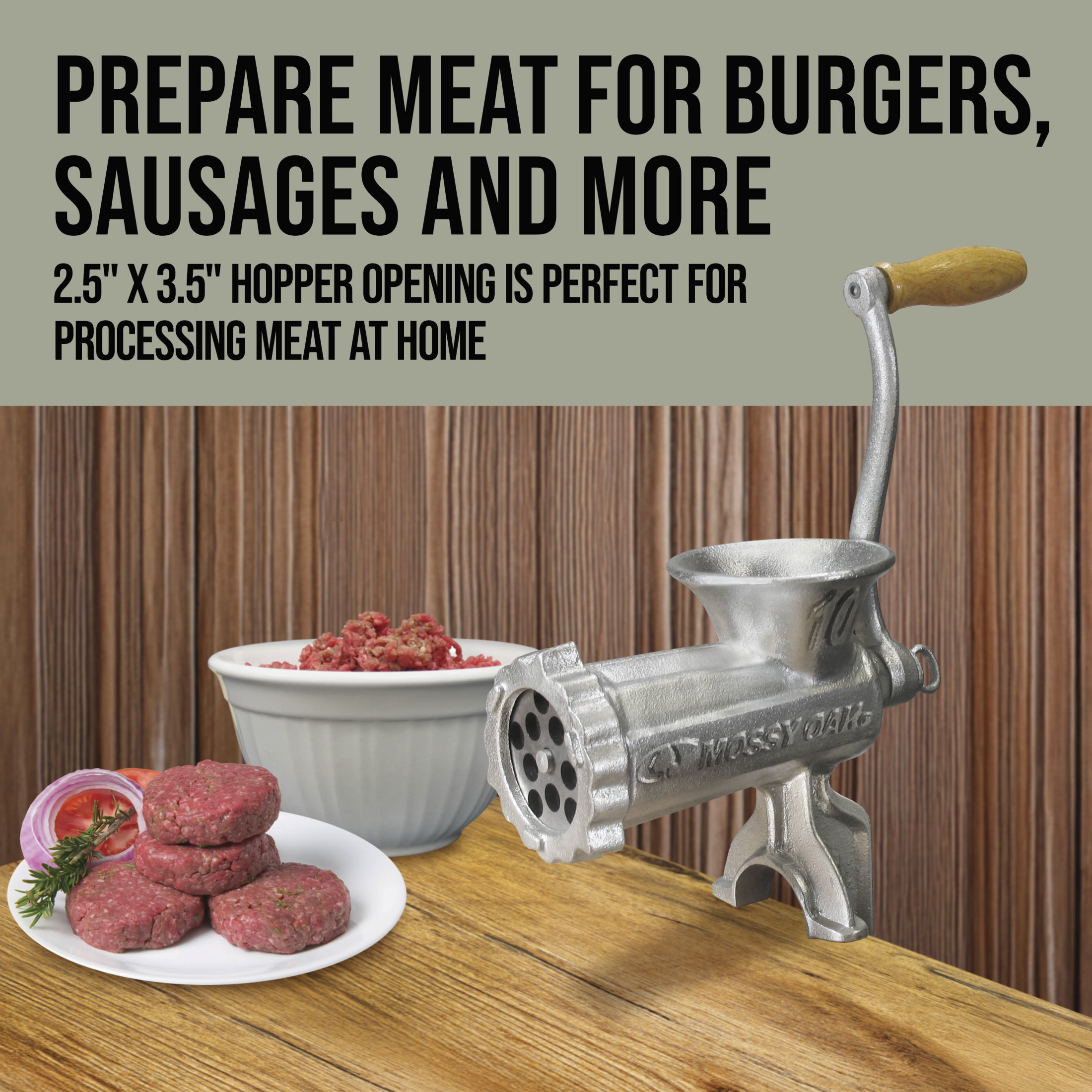 Mossy Oak Heavy-Duty Manual Meat Grinder & Sausage Stuffing Kit with 2 Grinding Plates and C-Clamp
