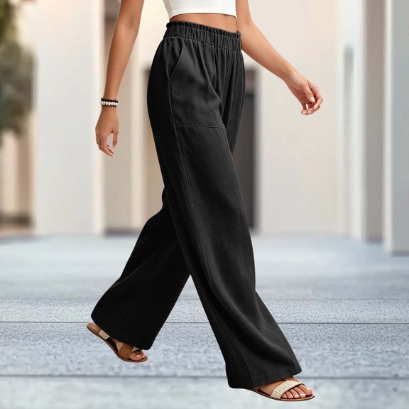 JOANKDMI Cotton Linen Palazzo Pants for Women Casual High Waisted Wide Leg Trousers with Pockets Elastic Waist Relaxed Fit Summer Beach Lounge Flowy Everyday Pants
