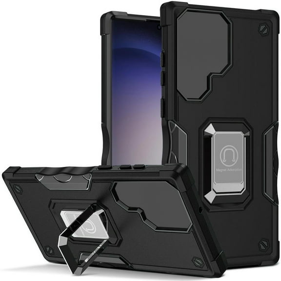 TJS for Samsung Galaxy S24 Plus Phone Case, [Military Grade] Heavy Duty Magnetic Support Ring Kickstand Cover (Black)
