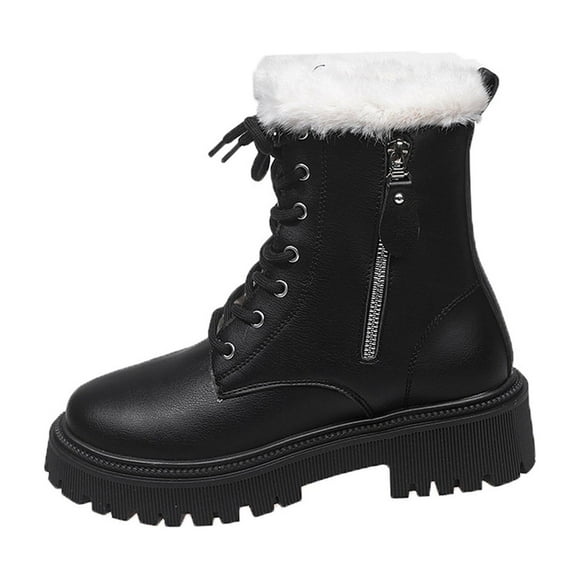 Womens Winter Boots ,Women's Warm Short Ankle Boots: Winter Casual, Fleece-Lined, Solid Color, Round Toe, Lace-Up Front with Side Zipper, Low Heel