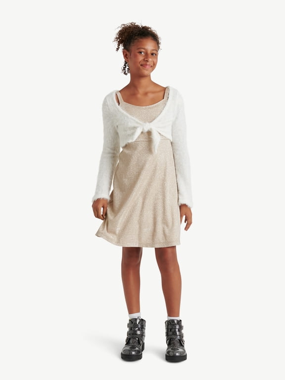 Girls Shimmer Dress With Fuzzy Overlayer, Sizes XS-XLP