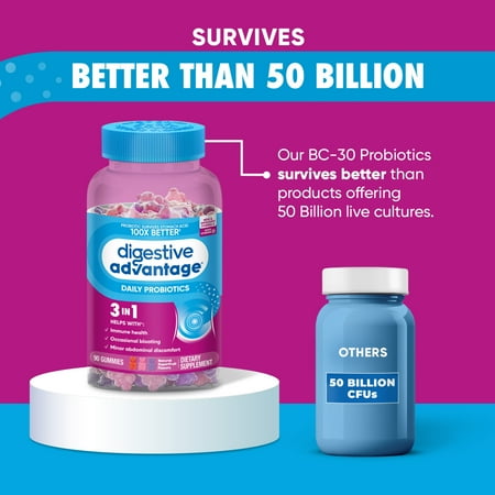 Digestive Advantage Daily Probiotics For Women And Men, Gut Health, Natural Superfruit Flavors, 90 Gummies