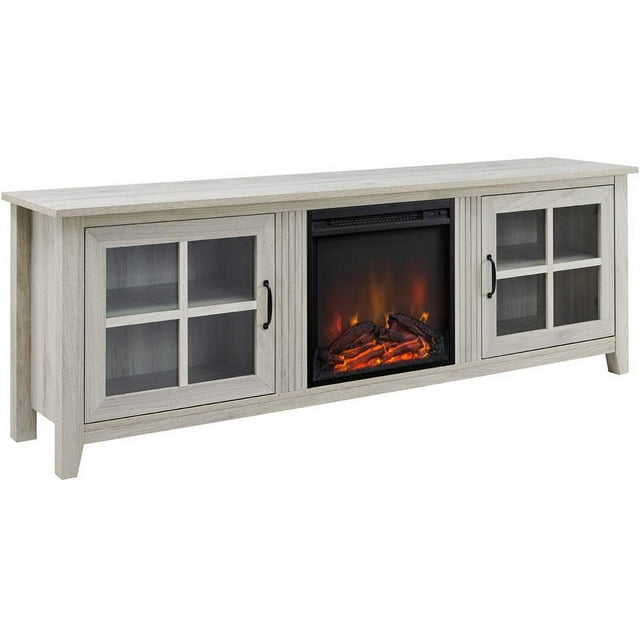 70" Glass Door TV Console with 18" Electric Fireplace Unit in Birch