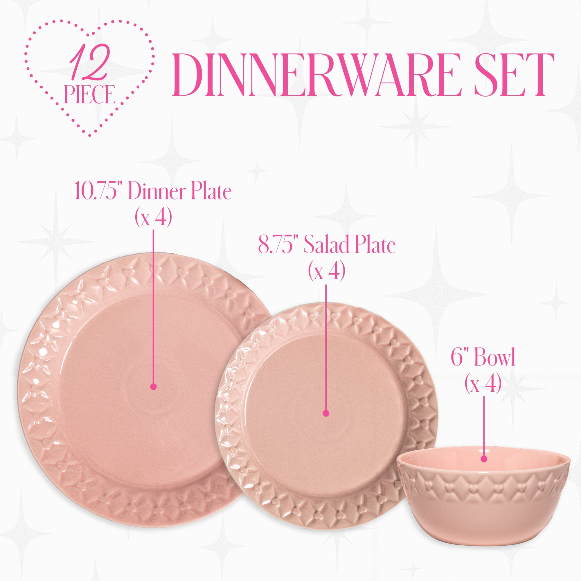 Paris Hilton Etoile Collection 12-Piece Stoneware Dinnerware Set, Plates & Bowls Dish Set, Service for 4, Microwave & Dishwasher Safe, Pink