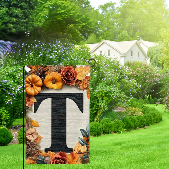 NIJIANKEHAN Fall Monogram Letter T Garden Flag Maple Leaves Sunflower Pumpkin 12x18 Inch Double Sided for Outside Family Last Name Initial Yard Flag Seasonal Outside Decoration 12x18in