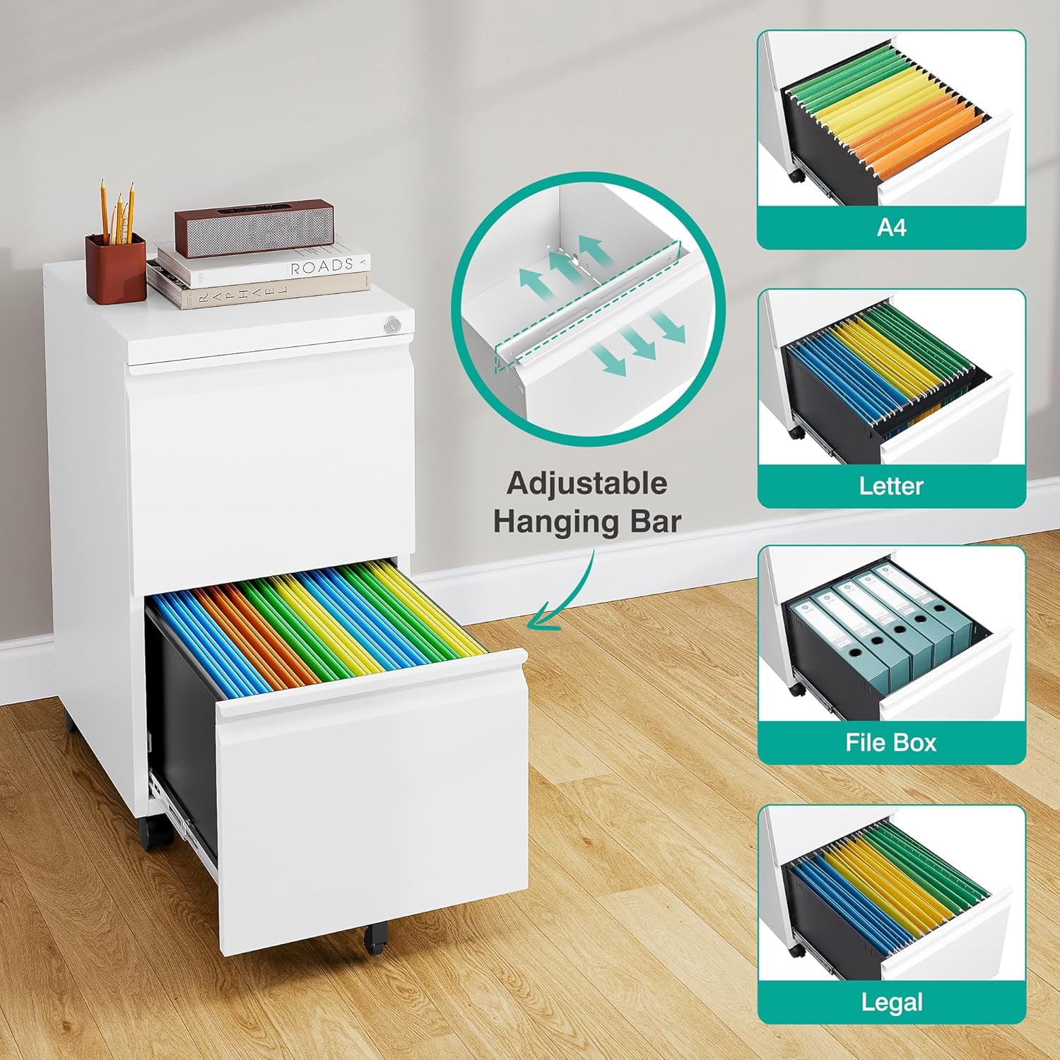 HZshop 2 Drawer File Cabinet with Lock and Wheels,White Rolling File Cabinets,Locking Mobile Metal Filing Cabinet for Home Office,Under Desk,Fit A4/Letter/Legal File, Easy Assembly