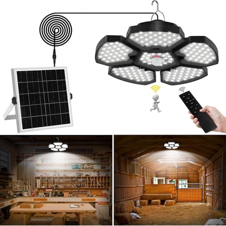Solar Shed Lights Indoor Outdoor Upgrade 5 and 1 Heads Solar Powered Motion Sensor Pandent Lights with 5 Modes Remote Control Security Lamp Waterproof for Garage Barn Gazebo Courtyard Balcony