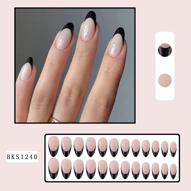 Uñas postizas en forma de almendra, punta francesa negra, uñas postizas acrílicas, pegamento artificial mediano en uñas para mujeres y niñas, decoración de uñas de verano, 24 piezas