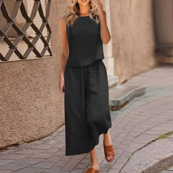 Frostluinai Two Piece Sets for Women Summer Plus Size Solid Linen Sets Sleeveless Crop Tanks High Waist Palazzo Pants Loose Fit Lounge Sets