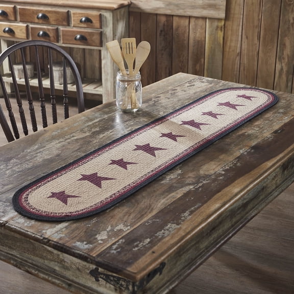 VHC Brands Braided Cotton Table Runner 12x60, Cotton Dining Room, Kitchen Table Runner, Jute Style, Farmhouse, Stenciled, Connell Collection, Rectangle 12x60, Stars, Burgundy