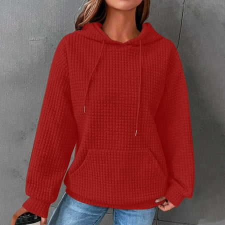 Charella Women s Casual Hoodies Sweatshirts Long Sleeve Pullover Tops with Drawstring and Pockets Red S