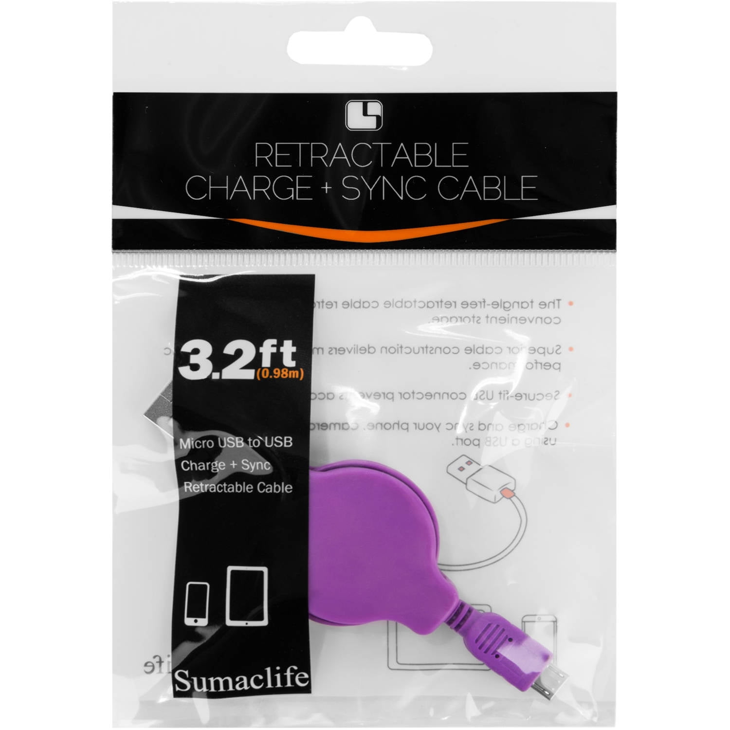 Micro USB to USB 2.0 retractable 3.2 Feet Charge and Sync cable for Android Phones and Tablets